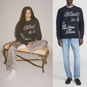 FRAME x Ritz Paris Unisex Cashmere Crewneck Sweater Navy Blue Off White